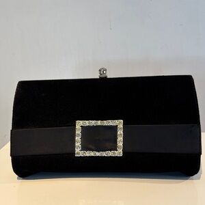 Vintage John Hart black suede clutch with rhinestone buckle